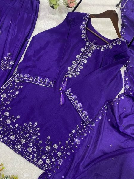 Exclusive Style Purple Chinon Sequence Embroidered Top Farshi Salwar Set with Dupatta Ready To Wear Collection