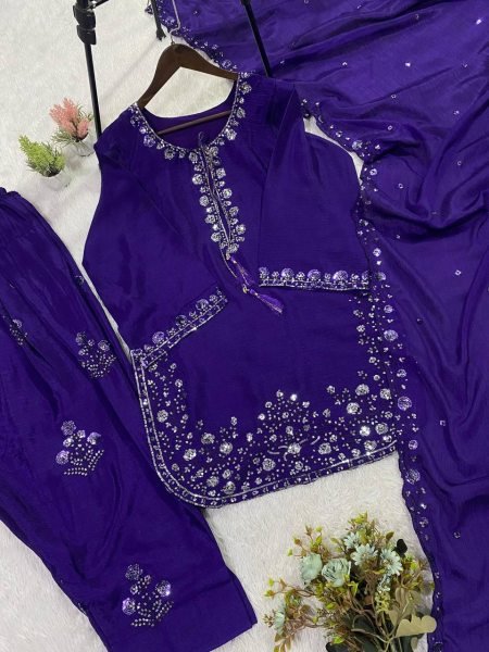 Exclusive Style Purple Chinon Sequence Embroidered Top Farshi Salwar Set with Dupatta Ready To Wear Collection