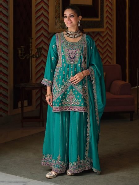 Exclusive Teal Blue Chinon Embroidery Work Top Palazzo Dupatta Set For Wholesale Rate 