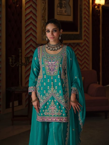 Exclusive Teal Blue Chinon Embroidery Work Top Palazzo Dupatta Set For Wholesale Rate Designer Plazzo Salwar Suits Wholesale