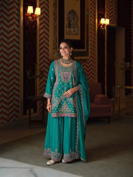 Exclusive Teal Blue Chinon Embroidery Work Top Palazzo Dupatta Set For Wholesale Rate Designer Plazzo Salwar Suits Wholesale