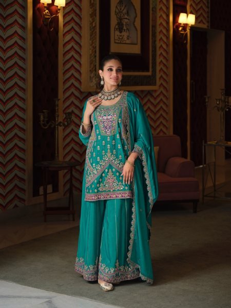 Exclusive Teal Blue Chinon Embroidery Work Top Palazzo Dupatta Set For Wholesale Rate Designer Plazzo Salwar Suits Wholesale