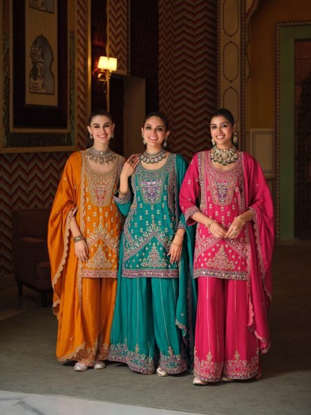 Exclusive Teal Blue Chinon Embroidery Work Top Palazzo Dupatta Set For Wholesale Rate Designer Plazzo Salwar Suits Wholesale