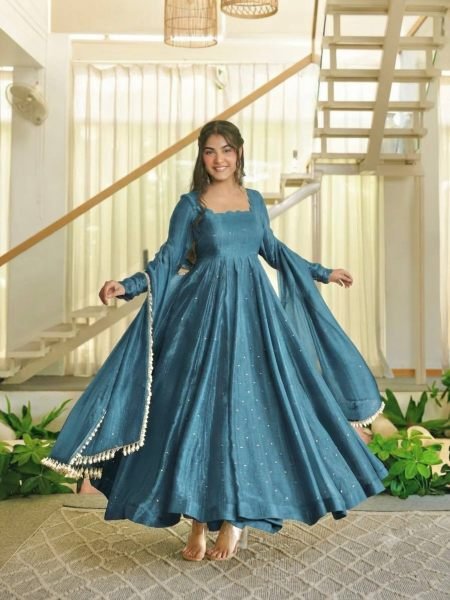 Exclusive Teal Blue Designer Salsa Silk Gown with 3.5 Meter Flair and Dupatta for Festival Ready To Wear Suit