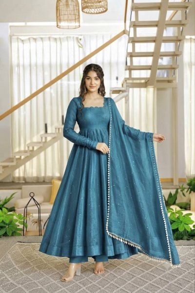 Exclusive Teal Blue Designer Salsa Silk Gown with 3.5 Meter Flair and Dupatta for Festival Ready To Wear Collection
