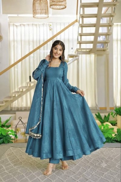 Exclusive Teal Blue Designer Salsa Silk Gown with 3.5 Meter Flair and Dupatta for Festival Ready To Wear Collection