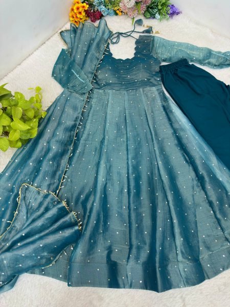 Exclusive Teal Blue Designer Salsa Silk Gown with 3.5 Meter Flair and Dupatta for Festival Ready To Wear Collection