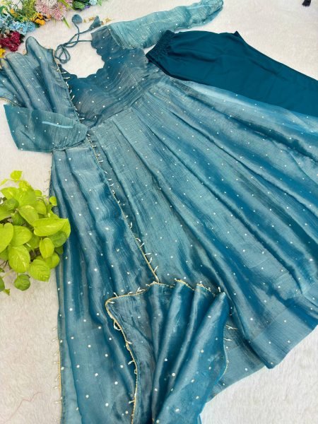 Exclusive Teal Blue Designer Salsa Silk Gown with 3.5 Meter Flair and Dupatta for Festival Ready To Wear Collection