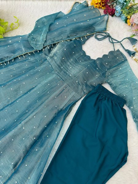 Exclusive Teal Blue Designer Salsa Silk Gown with 3.5 Meter Flair and Dupatta for Festival Ready To Wear Collection