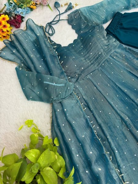 Exclusive Teal Blue Designer Salsa Silk Gown with 3.5 Meter Flair and Dupatta for Festival Ready To Wear Collection