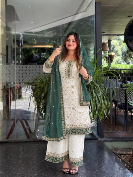 Exclusive Teal White Heavy Faux Georgette Embroidered Top Palazzo Set for Women 