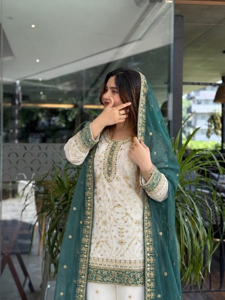 Exclusive Teal White Heavy Faux Georgette Embroidered Top Palazzo Set for Women Ready To Wear Collection