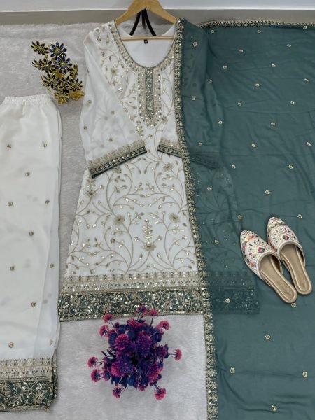Exclusive Teal White Heavy Faux Georgette Embroidered Top Palazzo Set for Women Ready To Wear Collection