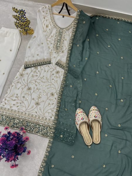 Exclusive Teal White Heavy Faux Georgette Embroidered Top Palazzo Set for Women Ready To Wear Collection