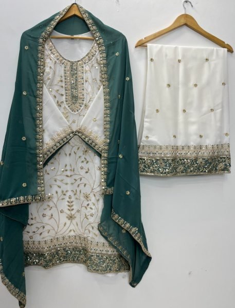Exclusive Teal White Heavy Faux Georgette Embroidered Top Palazzo Set for Women Ready To Wear Collection