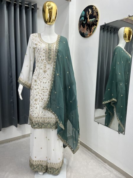 Exclusive Teal White Heavy Faux Georgette Embroidered Top Palazzo Set for Women Ready To Wear Collection