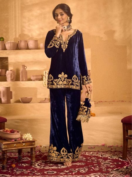 Exclusive Viscose Velvet Embroidered Top   Plazzo Co ord Set with Matching Potli for Party Wear Kurti With Bottom Wholesale
