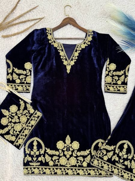 Exclusive Viscose Velvet Embroidered Top   Plazzo Co ord Set with Matching Potli for Party Wear Kurti With Bottom Wholesale