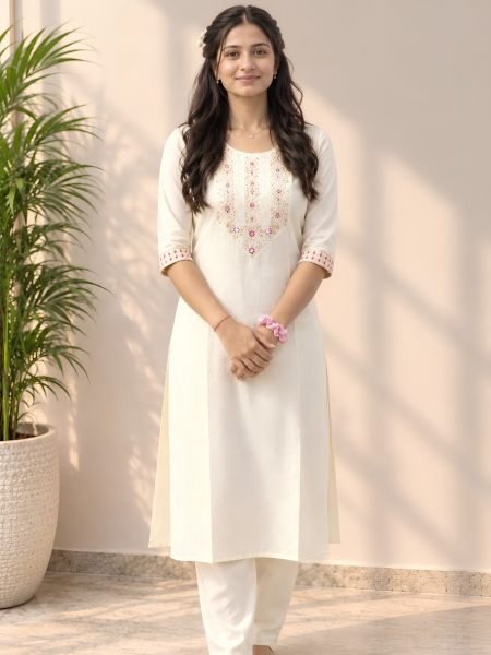 Exclusive White Designer Cotton Slub Kurti with Matching Cotton Bottom at Wholesale Rate Kurtis