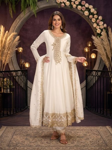 Exclusive White Festive Wear Silk Suit with Rich Embroidery and Designer Bottom For Bulk Order Salwar Kameez