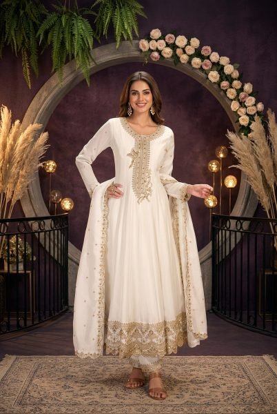 Exclusive White Festive Wear Silk Suit with Rich Embroidery and Designer Bottom For Bulk Order Anarakali Gown Wholesale
