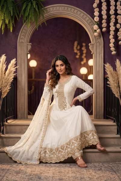 Exclusive White Festive Wear Silk Suit with Rich Embroidery and Designer Bottom For Bulk Order Anarakali Gown Wholesale