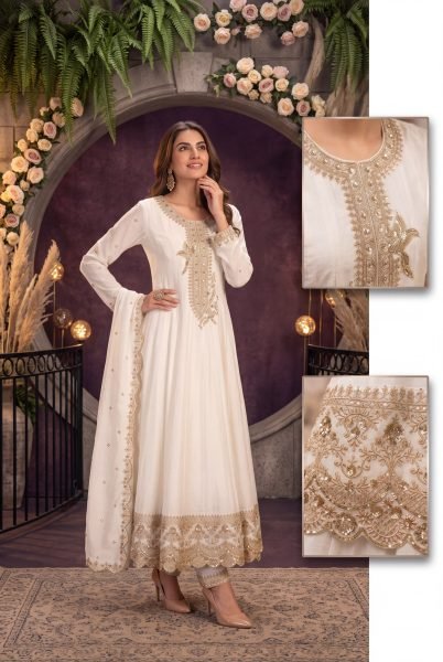 Exclusive White Festive Wear Silk Suit with Rich Embroidery and Designer Bottom For Bulk Order Anarakali Gown Wholesale