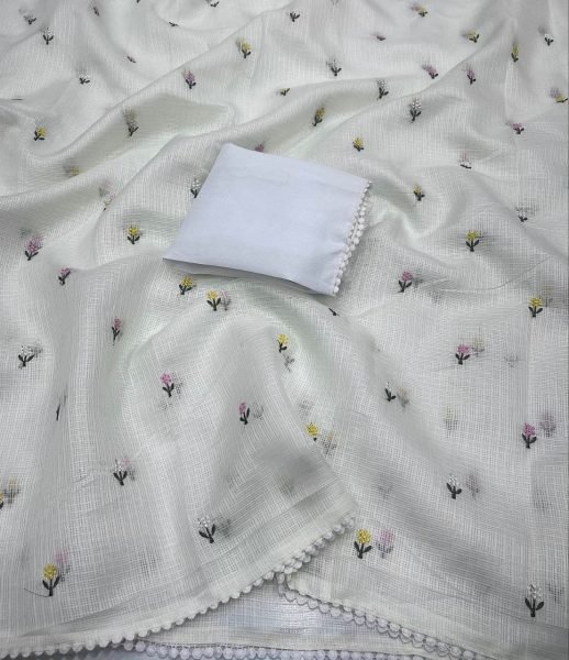 Exclusive White Kota Doria Saree with Crochet Lace Accents For Daily Wear Embroidery Sarees Wholesale
