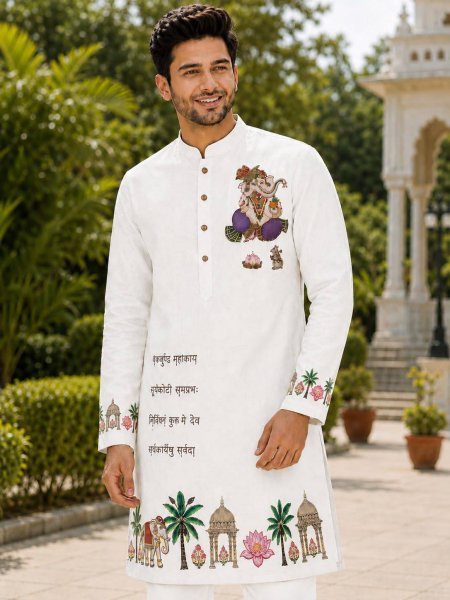 Exclusive White Men Cotton Printed Ganpati Kurta for Ganesh Chaturthi Kurta Pajama Wholesale