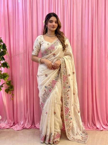 Exclusive White Tissue Silk Saree with Heavy Slub Silk Blouse For Festival Collection  Sarees 