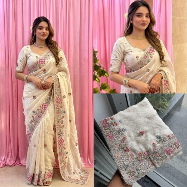 Exclusive White Tissue Silk Saree with Heavy Slub Silk Blouse For Festival Collection  Silk Sarees Wholesale