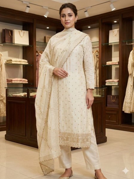 Exclusive White Vichitra Silk Dress Material with Sequins Work and Dupatta Dress Material 