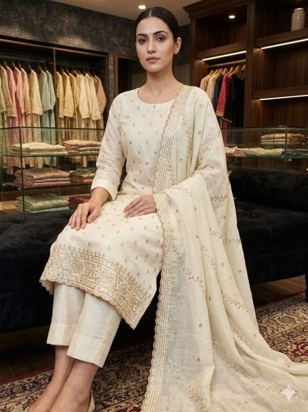 Exclusive White Vichitra Silk Dress Material with Sequins Work and Dupatta Full Set Dress Material