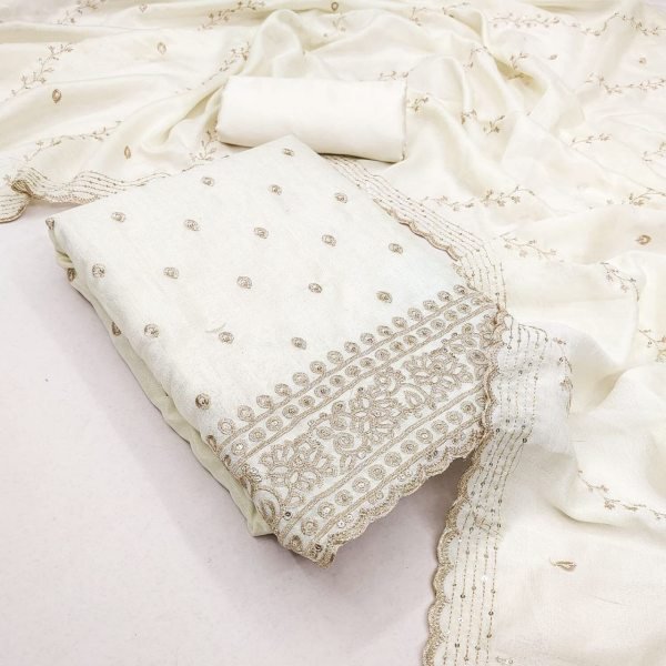 Exclusive White Vichitra Silk Dress Material with Sequins Work and Dupatta Full Set Dress Material