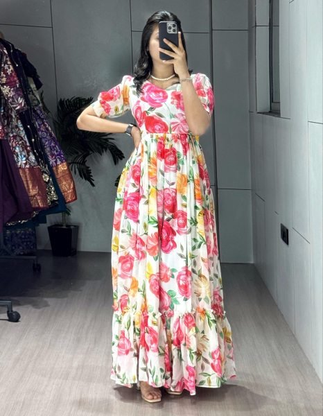 Exclusive  White Weightless Printed Long Kurti with Double Frill Design for Women Western Ladies Top Wholesale