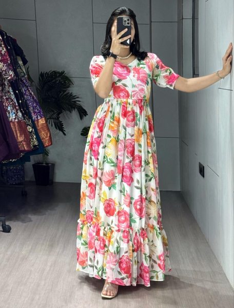 Exclusive  White Weightless Printed Long Kurti with Double Frill Design for Women Western Ladies Top Wholesale