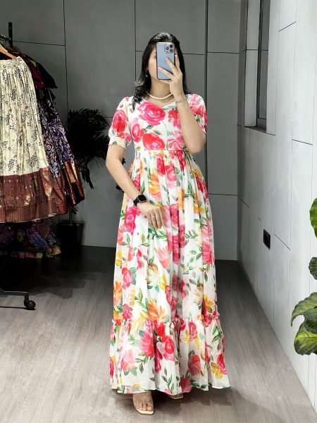 Exclusive  White Weightless Printed Long Kurti with Double Frill Design for Women Western Ladies Top Wholesale