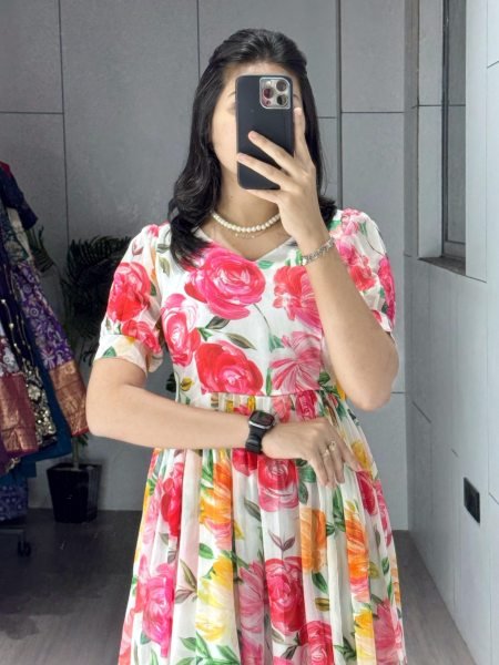 Exclusive  White Weightless Printed Long Kurti with Double Frill Design for Women Western Ladies Top Wholesale