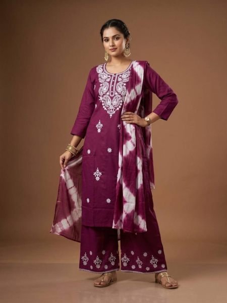 Exclusive Wine Heavy Rayon Cotton Embroidered Kurti Pant Dupatta Set for Daily Wear 