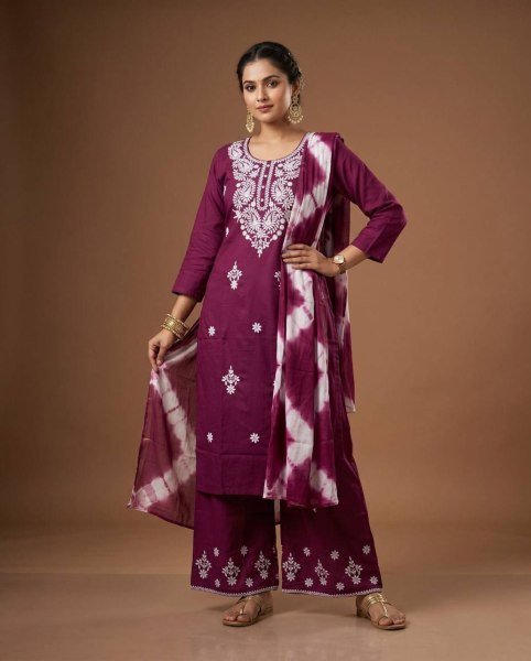 Exclusive Wine Heavy Rayon Cotton Embroidered Kurti Pant Dupatta Set for Daily Wear Embroidery Kurtis 
