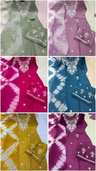 Exclusive Wine Heavy Rayon Cotton Embroidered Kurti Pant Dupatta Set for Daily Wear Embroidery Kurtis 