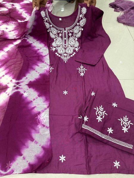 Exclusive Wine Heavy Rayon Cotton Embroidered Kurti Pant Dupatta Set for Daily Wear Embroidery Kurtis 