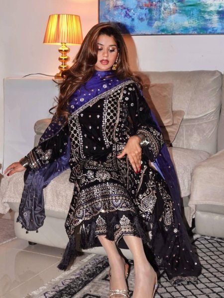 Winter Special Black Velvet Suit with Embroidered Silk Dupatta Ready to Wear 