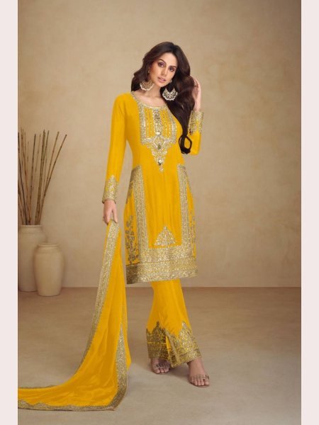 Exclusive yellow Chinon Sequence Embroidered  Kurti Suit for Party Wear Ready To Wear Collection