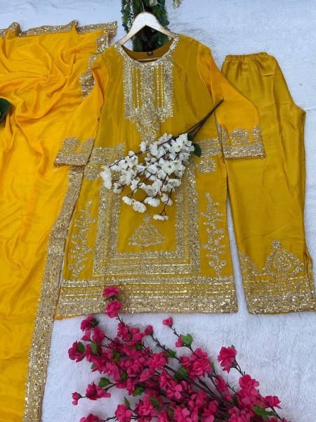 Exclusive yellow Chinon Sequence Embroidered  Kurti Suit for Party Wear Ready To Wear Collection
