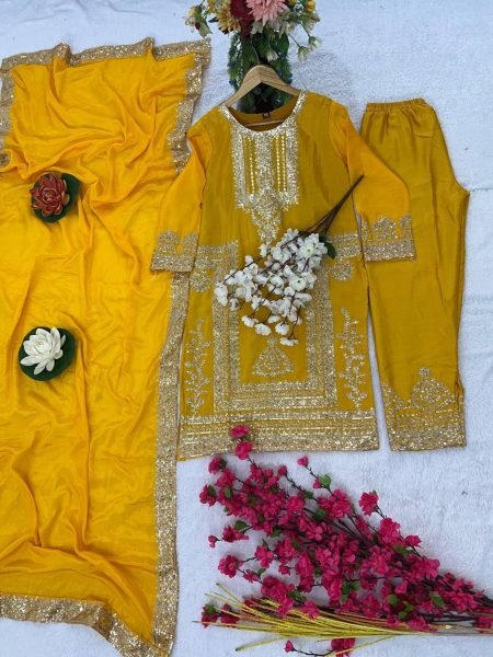 Exclusive yellow Chinon Sequence Embroidered  Kurti Suit for Party Wear Ready To Wear Collection