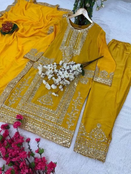 Exclusive yellow Chinon Sequence Embroidered  Kurti Suit for Party Wear Ready To Wear Collection