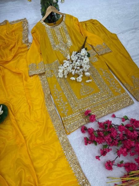Exclusive yellow Chinon Sequence Embroidered  Kurti Suit for Party Wear Ready To Wear Collection