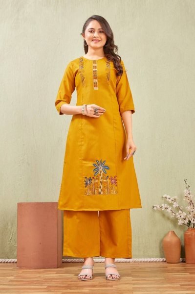 Exclusive Yellow Comfortable Cotton Embroidered Kurti Set for Everyday Wear Cotton Kurtis Wholesale