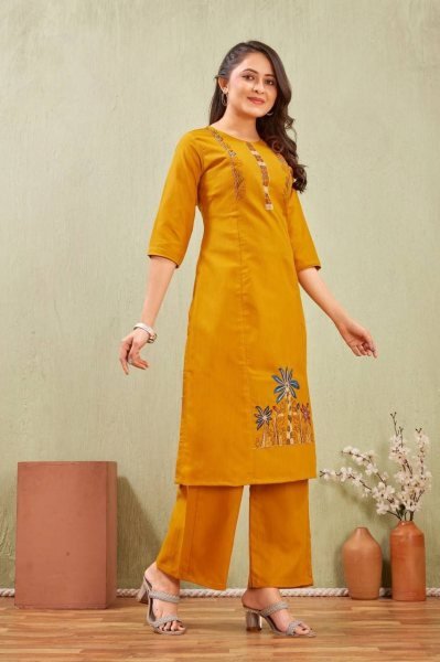 Exclusive Yellow Comfortable Cotton Embroidered Kurti Set for Everyday Wear Cotton Kurtis Wholesale